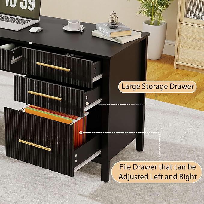 Modern Executive Desk with Drawers: 54 Black Computer Desk with File Drawer Wood Writing Desk with Storage Fluted Home Office Desks for Living Room