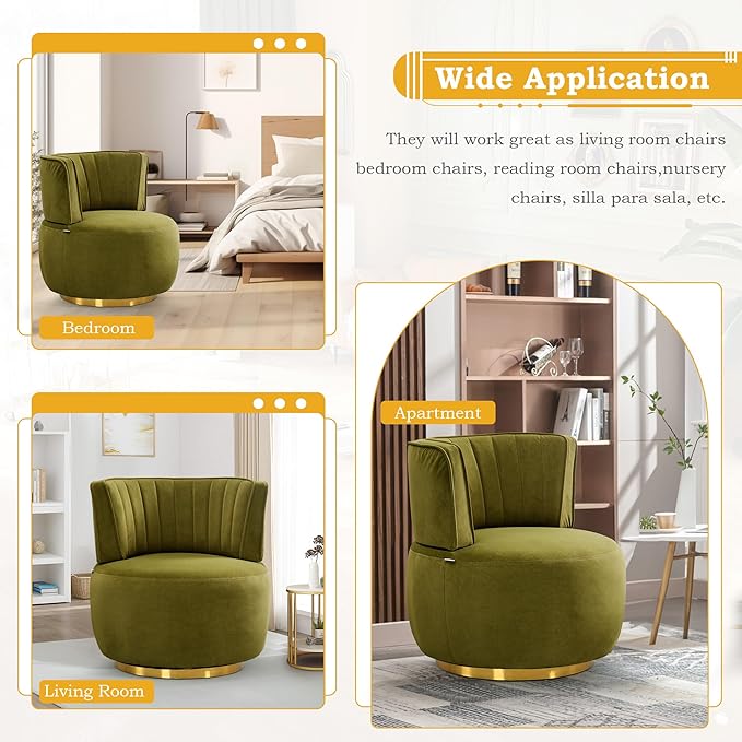 SLEERWAY 360° Swivel Barrel Chair Modern Velvet Round Accent Chair Comfy Upholstered Small Armchair with Gold Metal Base for Living Room Bedroom Nursery Office Sillas para Sala Olive Green