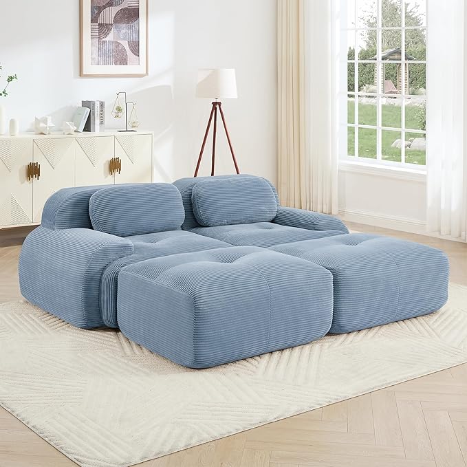 81.8 Sleeper Sofa Cloud Couch Modular Sectional Sofa - Boneless Deep Seat 2-Seater with 2 Movable Ottomans No Assembly Corduroy Upholstery Couches for Living Room (Blue)