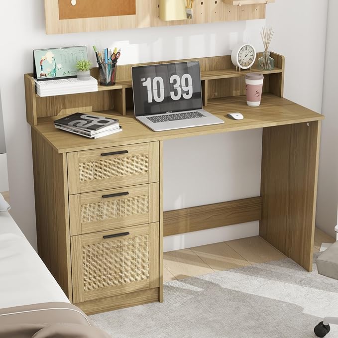 Computer Desk with Rattan Drawers and Hutch - 47 Inch Home Office Boho Writing Desk with Storage File Drawer &amp Monitor Stand Modern Wood Computer Table