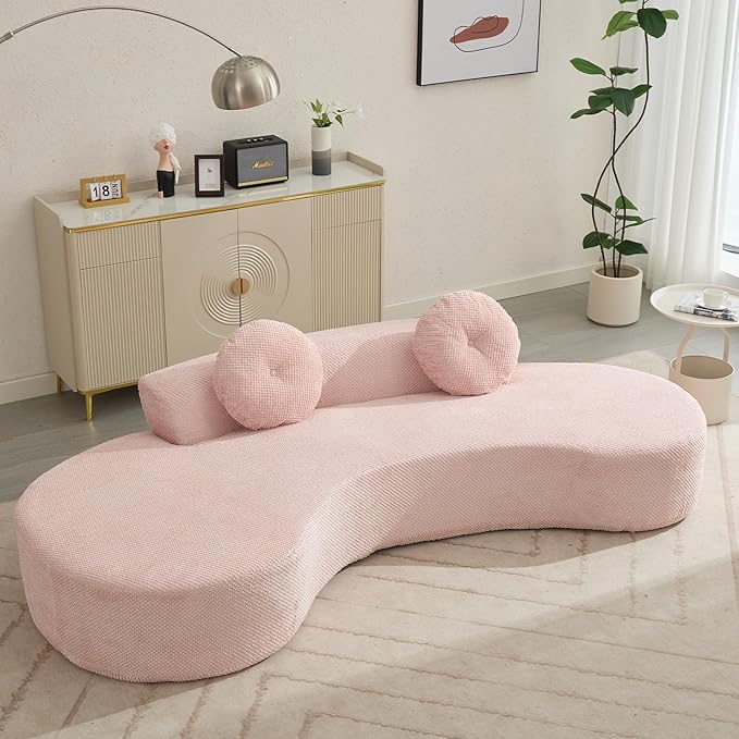KEIKI 106 Curved Oversized Corduroy Modular Sofa with 2 Pillows and 2 Back Cushion Modern Minimalist Style Comfy 3-Seater Couch No Assembly Required for Apartment Living Room Bedroom Pink