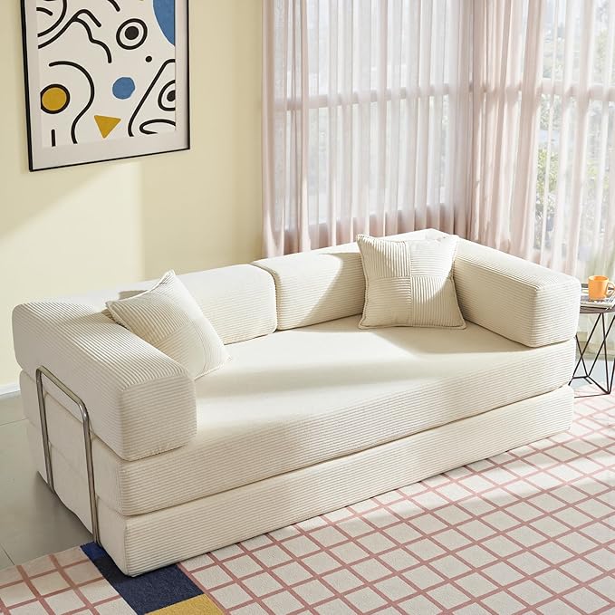 YINIX Foldable Sofa Bed 78'' Folding Floor Couch Compressed Convertable Sleeper Sofa Memory Foam Couch with Pillow Back Support Armrest 4-in-1 Futon Sofa Bed for Living Room White