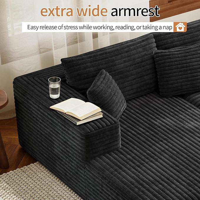 107 Modular Sectional Couches for Living Room Comfy L-Shaped Boneless Cloud Couch with Chaise Modern Deep Seat Corduroy Floor Sofa No Assembly Required (Right Facing Chaise Black) | High-density