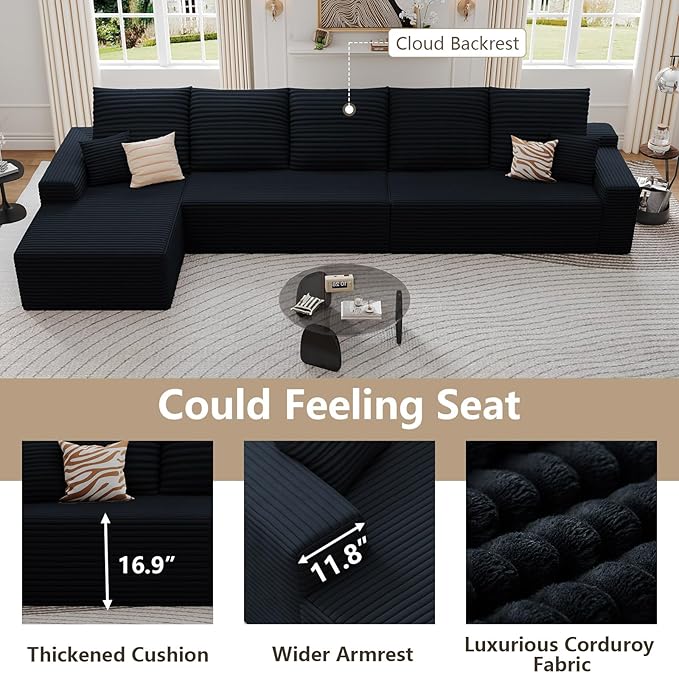 166.9 Cloud Sectional Couch with L-Shape Chaise Modern Modular 4-Seater Sofa with Deep Seat Corduroy Upholstered Couches for Living Room Bedroom No Assembly Required(Black Left Facing)