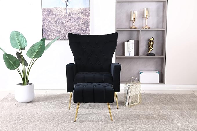 Modern Accent Chair with Ottoman Comfy Armchair for Living Room Bedroom Apartment Office (Black)
