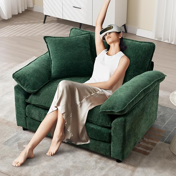 Green Modern Oversized Chair Set of 2 Comfy Chenille Accent Chair Large Upholstered Armchair with Extra Thick and Deep Seat Lounge Chair for Living RoomBedroomApartment