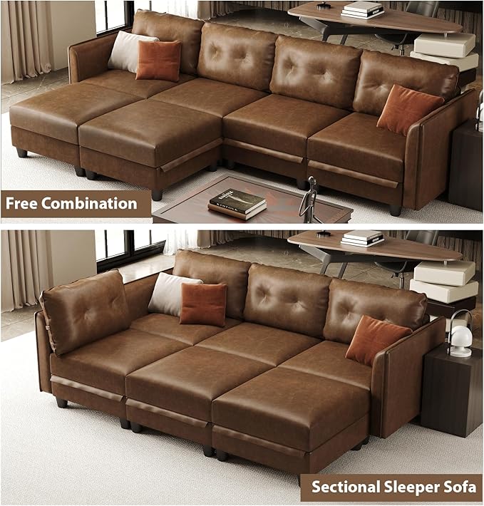 LLappuil Modular Sectional Sofa Pair of Side Armrest Module for Customize Couch Modern Brown Faux Leather