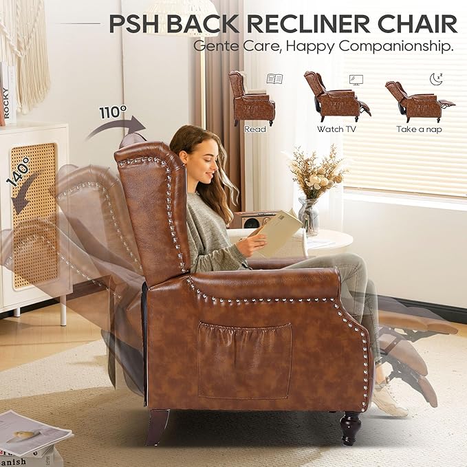 Wingback Recliner Chair with Massage and Heat Tufted Back PU Leather Living Room Armchair with Nailhead TrimPush Back Recliner Chair with Remote ControlPadded Cushion (Tawny Brown)