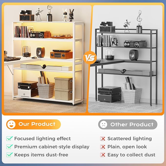 PRAISUN 57 Inch L Shaped Gaming Computer Desk with Larger Open Cabinet Reverisble Office Desk with Power Outlets LED Lights Work Desk Fabric Drawer Adjustable Wood and Mesh Shelf White