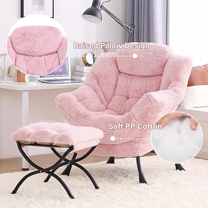 Tiita Lazy Chair with Ottoman Pink Modern Large Accent Chair Comfy Leisure Sofa Armchair with Ottoman Reading Chair with Footrest for Bedroom Living Room Dorm Rooms Plush Pink