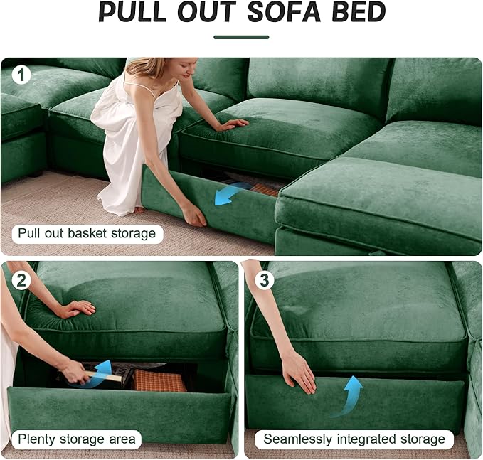 Aoowow Modular Sectional Sofa with Pullout Storage Seat 112.6” L-Shaped Chenille 3-Seat Sofa Couch with Storage Ottoman Upholstered Deep Couches for Living Room Apartment OfficeGreen