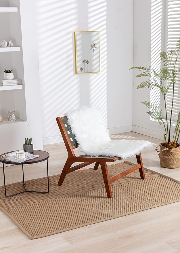 Solid Wood Frame Chair with White Faux Wool Modern Accent Chair Lounge Chair for Living Room