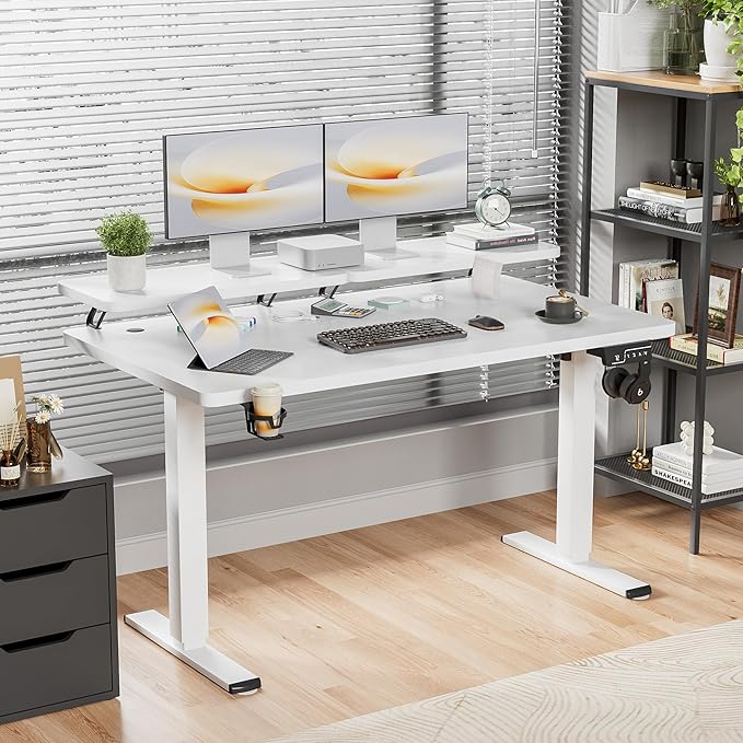 Shahoo Electric Standing Desk with Monitor Shelf 55 x 24 Inches Height Adjustable Corner Table Computer Workstation with Cup Holder and Hook for Home Office White 55x24 Inch