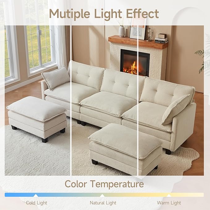 Modular Sectional Sofa 111.5 U-Shaped Corduroy Comfy Sectional Couches for Living Room 3-Seater Cloud Couches with 2 Movable Ottomans Flexible Combination Modern Deep Seat Sofa (Beige)