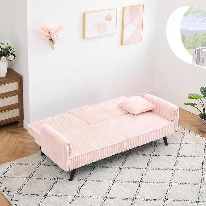 72 Modern Corduroy Sofa Bed FutonConvertible Sleeper Couch Bed with Cup Holder4 Reclining PositionsFolding Sofa Cloud Loveseat for Small Living Room Apartment Office (Pink-New)