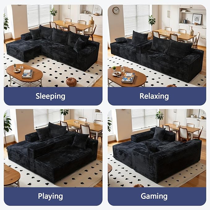 104 L-Shaped Cloud Sectional Sofa with Oversized Chaise Modular 3-Seater Corduroy Couch for Living Room &amp Bedroom Deep Seat No Assembly Required (Black L Shape with Right FacingChaise)