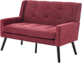 Mid-Century 47 Small Loveseat Sofa Plush Linen Fabric with Button Tufted High Back and Solid Wood Legs for Apartment Living Room Bedroom Home Office (Red 2-Seater)