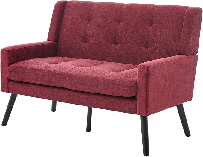 Mid-Century 47 Small Loveseat Sofa Plush Linen Fabric with Button Tufted High Back and Solid Wood Legs for Apartment Living Room Bedroom Home Office (Red 2-Seater)