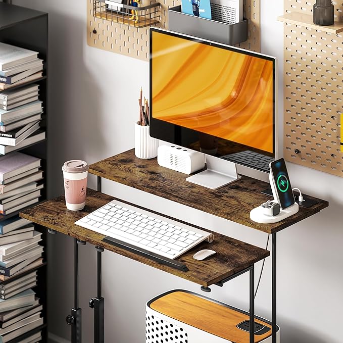 HOMCOM Height Adjustable Standing Desk with Power Outlets Stand Up Desk with Tiltable Tabletop Lockable Wheels Bottom Shelf Rolling Workstation for Home Office Brown