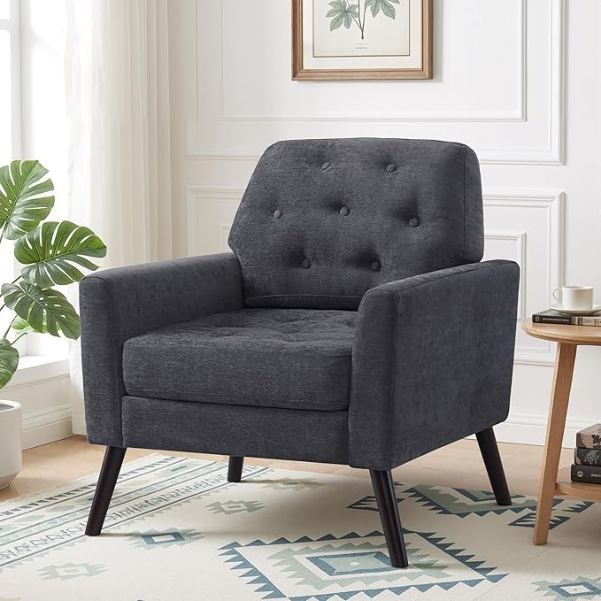 Accent Chair Set of 2 Mid Century Modern Living Room Chairs Upholstered Armchair with Tufted Back &amp Wood Legs Single Sofa Reading Side Chair for Bedroom Office Waiting Room Dark Grey