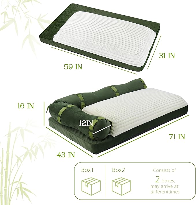 Floor Sofa Queen Sleeper Sofa Bed with Bamboo Backrest Velvet Upholstered Boneless Couch Floor Sofa Modular Futon Couch for Living Room Bedroom Lounge Green