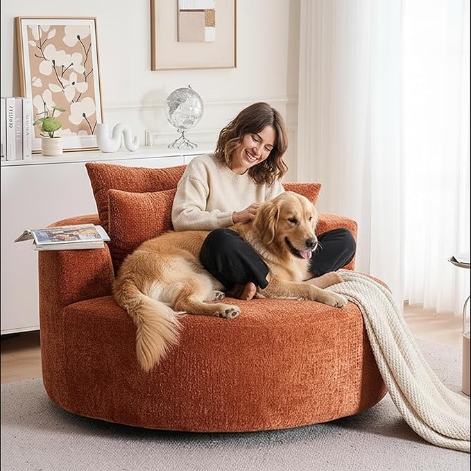 55 Oversized Swivel Accent Chair Round Barrel Chair with 360° Rotation Chenille Upholstered Deep Seat Lounge Sofa Modern Comfy Single Sofa for Living Room Bedroom Office (Orange)