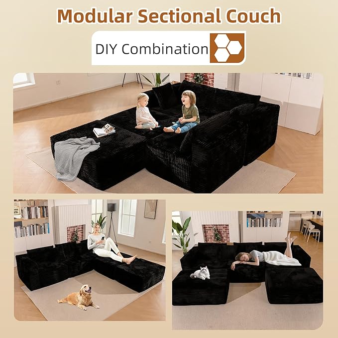 110 Modular Sectional Boneless Sofa with 2 Ottomans Corduroy U-Shaped Modular Sectional Sofa Convertible Cloud Couch with Deep Seats No Assembly Required (Black 110 3Seat+2 0ttoman)