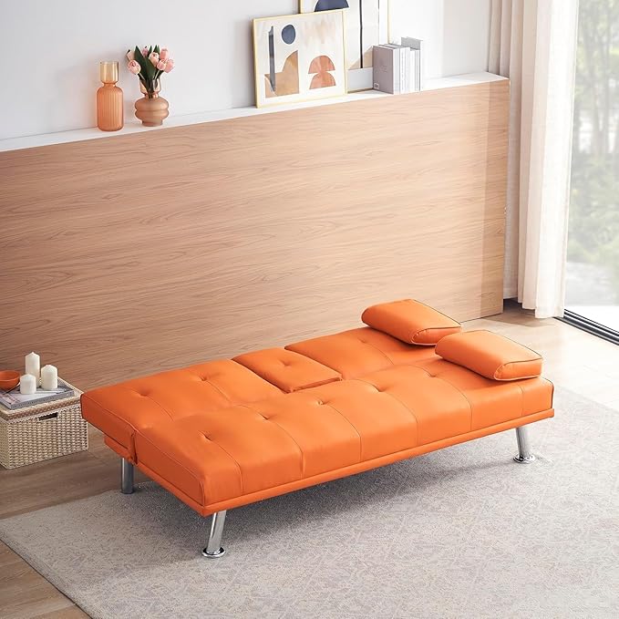 Modern Futon Sofa Bed 67 Inch Leather Convertible Futon Couch Loveseat Sleeper for Small SpacesComfy Folding Recliner Couches for Living Room Adjustable Backrest2 Cup HoldersMetal Legs (ORANGE)