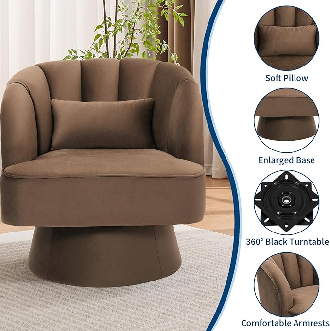 Mid Century Modern Swivel Barrel Chair - 360° Swivel Accent Chair with Plush Velvet Upholstery &amp Wide Cushioned Seat Round Lounge Sofa Chair for Living Room Bedroom Office (Brown 1 PCS)