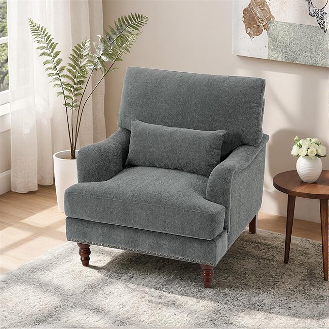 Mid-Century Modern Accent Chair Upholstered Chenille Arm Chair with Wood Frame &amp Pillow for Living Room Bedroom Comfy High-Resilient Sponge Reading Lounge Sofa Chair for Small Spaces