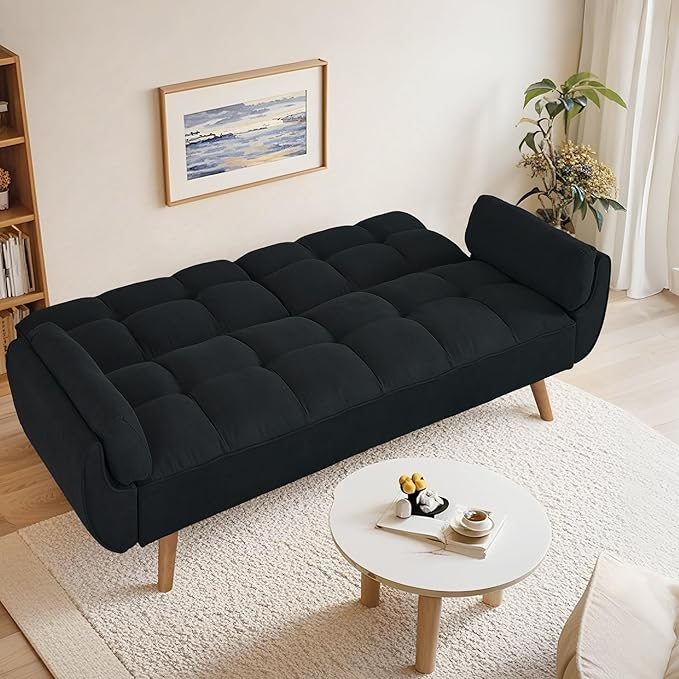 Convertible Futon Couch Bed Sleeper Sofa Bed with Adjustable Backrests Linen Loveseat Sofa 3 Seater Comfy Couch for Small Spaces Living Room Bedroom(Black 75)
