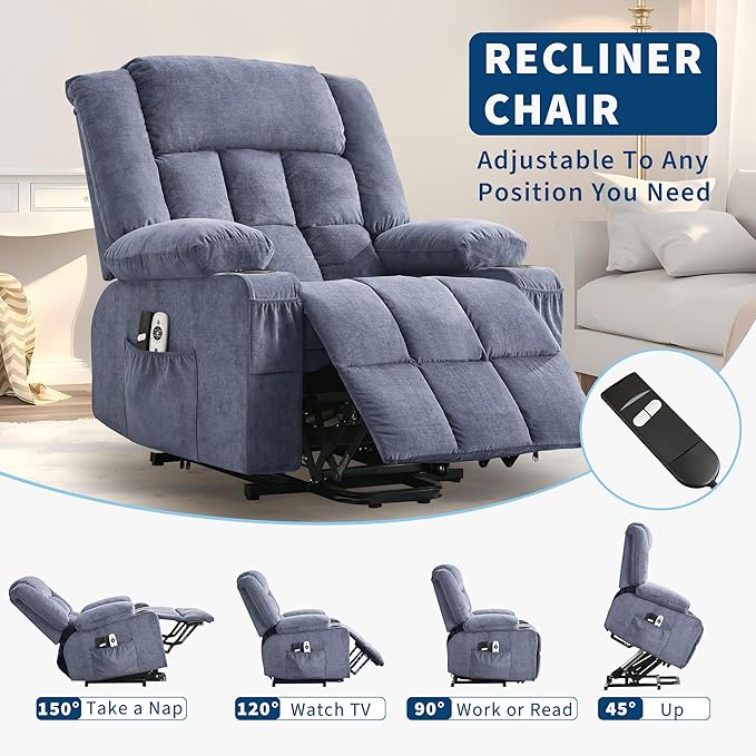 Large Power Lift Recliner Chair for Elderly with Massage and Heat 3-Position Adjustable USB Ports 2 Side Pockets 2 Cup Holders for Living Room Bedroom Blue