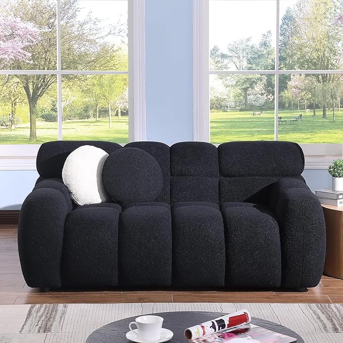 Boucle Sofa for Living Room Cloud Couch with Solid Eucalyptus Frame &amp Cloud Pillow Mid Century Modern Couch for Office Living Room Coffee Room (Black 65-Loveseat)