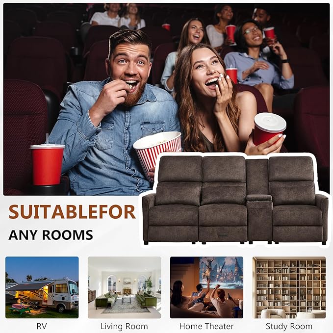 Reclining Loveseat Sofa 3 Seat Manual Recliner Couch with Flip Middle Backrest Console Wall Hugger Storage Drawer &amp Cup Holder for RV &amp Living Room Seating (Brown 3 seat &amp Console)