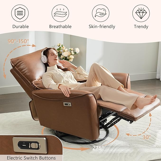 Power Swivel Rocking Recliner Chair for Nursery PU Leather Glider Rocker Recliner for New Parents Modern Small Recliners for Small Spaces/Living Room/RV Brown