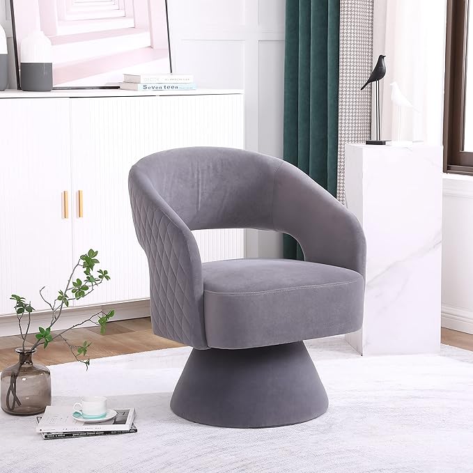Velvet 360-Degree Swivel Round Barrel Chair with Quiet Swivel Base Deep Seat &amp Curvaceous Design and Sturdy Wooden Frame Comfortable Armchair for Living Room Grey