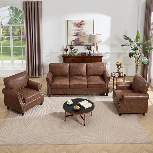 Kingfun 3 Seater Sofa Mid-Century Modern Faux Leather Couch Set for Living Room Darkbrown with Rolled Arms &amp Nailhead Trim Easy Assembly
