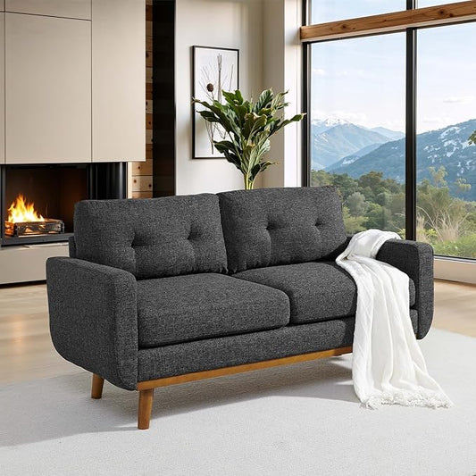 Gray 56 Loveseat Sofa Couches for Small Spaces Mid Century Love Seat Couches for Living Room Upholstered 2-Seater Small Couch for Bedroom ApartmentSolid Wood Legs Easy Assembly (Dark Gray)