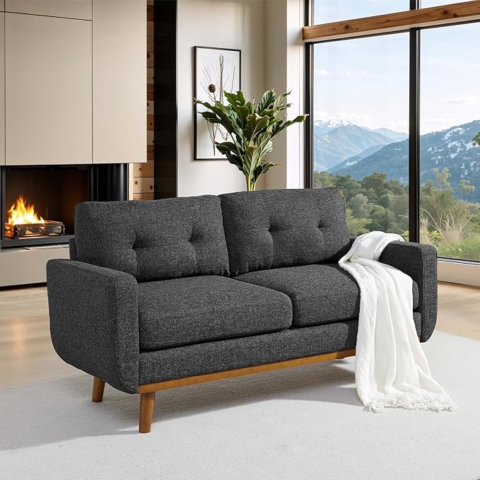 65 W Gray Loveseat Sofa Mid Century Modern Love Seat Couches for Living Room Button Tufted Upholstered Small Couch for Bedroom Solid Wood Legs and Easy to Install Love Seats Furniture (Dark Gray)