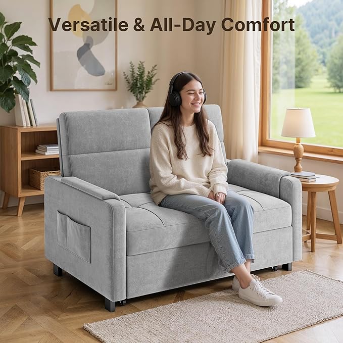 Gizoon Convertible Sofa Bed 3-in-1 Pull Out Couch 5-Position Adjustable Backrest &amp Side Pockets Modern Small Loveseat Sleeper Sofa for Living Room Apartment Dorm Studio Guest Room Light Gr
