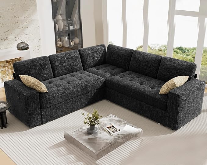 Vipbear Modular Sectional Sleeper Sofa Bed with Pull Out Bed/Reclining Backrest/USB Ports 5 Seat L Shaped Sectional Sleeper Couch Tool-Free Assembly Chenille Black