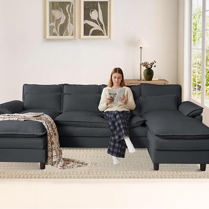105 U Shaped Cloud Couch Sectional 4 Seat Home Sofa Living Room Comfy Couches with Storage Ottoman Double Layer Cushion Modular Sofas for Bedroom Apartment and Office Dark Grey
