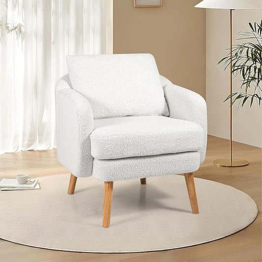GOFLAME Sherpa Accent Chair Modern Single Sofa Armchair with Seat Cushion &amp Removable Pillow Upholstered Living Room Chair with Rubber Wood Legs Comfy Reading Chair for Bedroom Office White