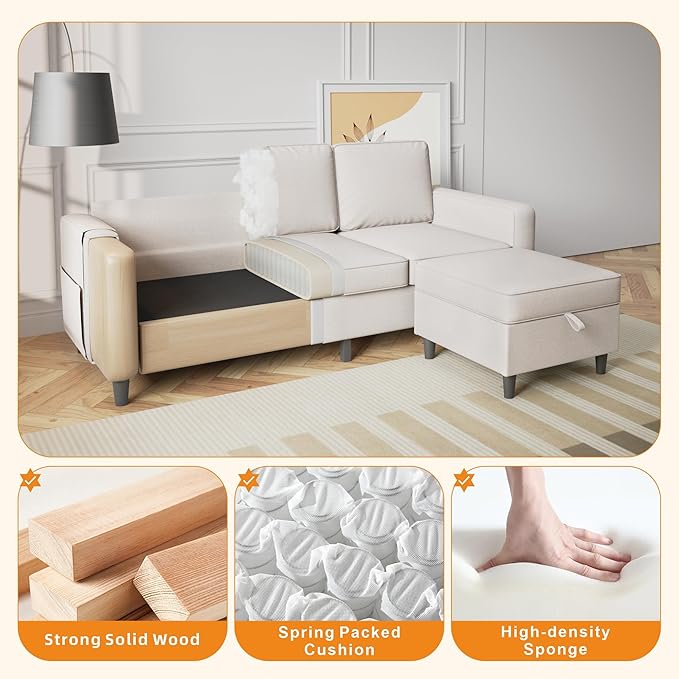 Sectional Sofa and Couches for Living Room - 78'' Beige 3 Seat L-Shaped Couch with Storage Ottoman Modern Linen Convertible Sectionals Sofas with Chaise for Apartment Office Small Space