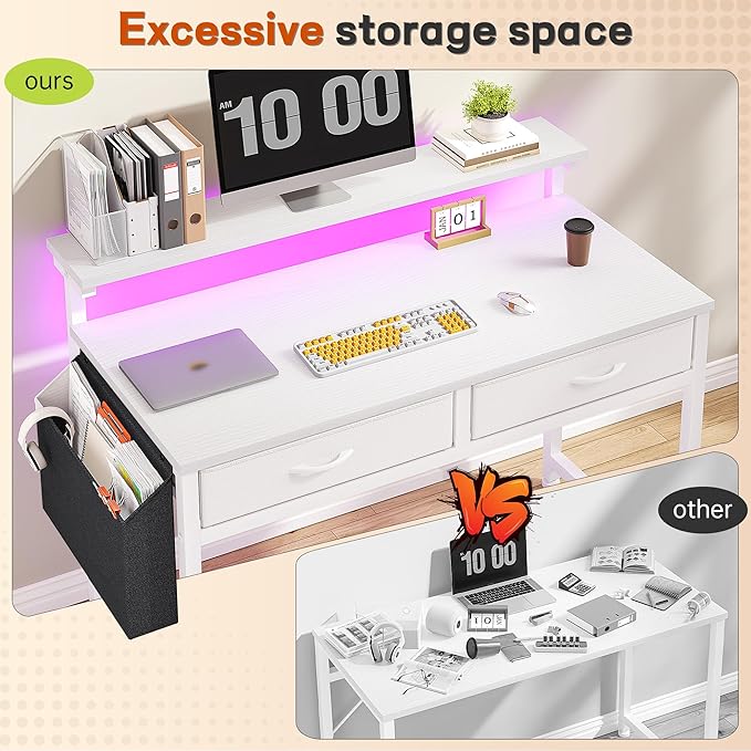 Computer Desk with 2 Drawers &amp LED Lights31.5 Inch Home Office Desks with Side Pocket and Monitor StandStudy Writing Table for Small SpacesWhite