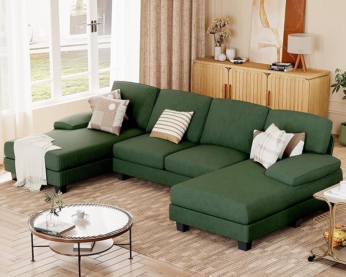 JUMMICO Sectional Couches for Living Room U Shaped Couch with Chenille Fabric 4 Seat Modern Sofa with Removable Pillows for Apartment and Small Space (Corduroy Light Green)