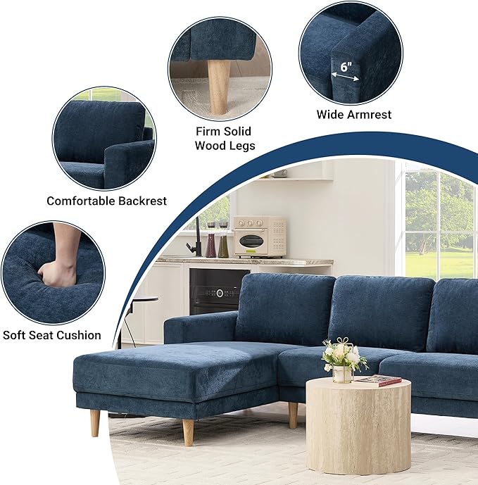 Tbfit 84 L-Shaped Sectional Sofa Comfy Upholstered Couch with Chaise Modern Fabric Living Room Furniture for Home Office Blue