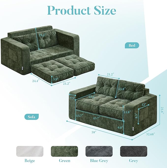 Hobestluk Sofa Couch Loveseat Sofa with Chenille Fabric 2-Seater Sofa for Small Spaces Comfortable Foam Floor Sofa 2 in 1 Boneless Couch for Living Room Bedroom Apartment or Office (Green Loveseat)