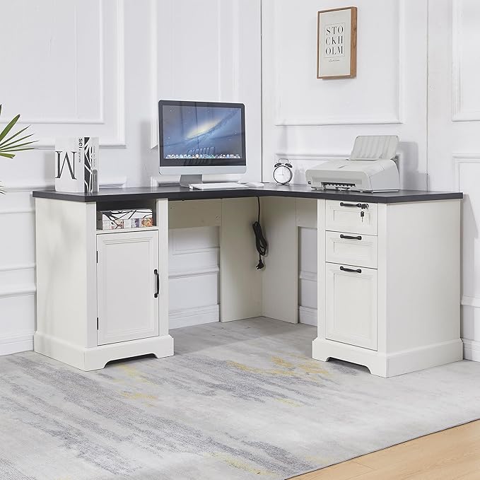 55” Farmhouse L Shaped Desk with Charging StationExecutive L Shaped Desk with Lockable Drawers and Storage Cabinet &amp Adjustable File CabinetWhite Corner Desk for Home Office