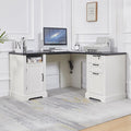 55” Farmhouse L Shaped Desk with Charging StationExecutive L Shaped Desk with Lockable Drawers and Storage Cabinet &amp Adjustable File CabinetWhite Corner Desk for Home Office